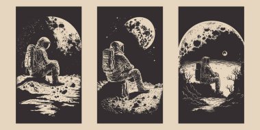 Retro Vintage oyma Woodcut Linocut tarzı uzay şaşırtma seti bir ay yüzeyinde duruyor. Yalnız macera gelecekteki heyecanı keşfeder. Dekorasyon ya da grafik tasarım için kullanılabilir. Grafik Sanatı Vektörü