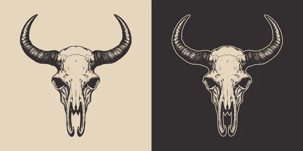 Set Vintage Retro Scary Spooky Cow Bull Skull Head Skeleton — Stockový vektor