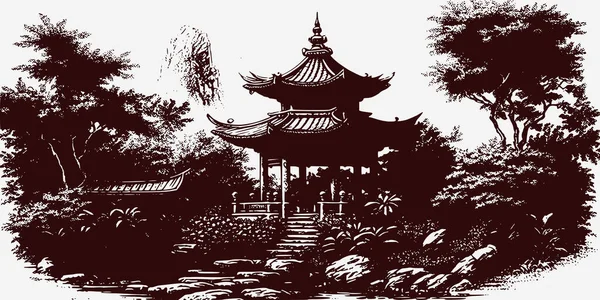 Vintage Стиле Ретро Гравировки Китайская Япония Корейская Азиатская Башня Храма — стоковый вектор