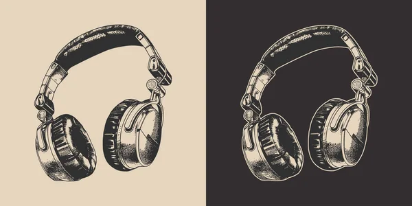 Set Vintage Retro Engraving Stereo Studio Headphones Can Used Emblem — Stock Vector