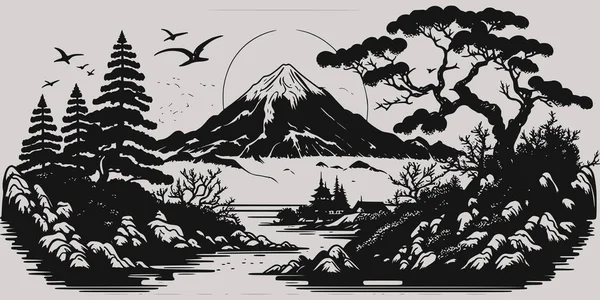 ヴィンテージレトロな彫刻スタイル日本木の自然野生の風景とアジアのJuji山 背景アウトドアアドベンチャーの雰囲気 グラフィックアートベクトルイラスト — ストックベクタ