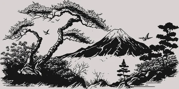 Vintage Style Gravure Rétro Japon Asiatique Montagne Juji Avec Des — Image vectorielle