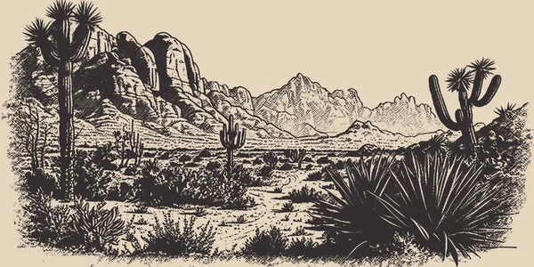 山砂漠テキサスの背景風景です 西部の野生の冒険は刺激的な雰囲気を探索します グラフィックアート 彫刻ベクトルイラスト — ストックベクタ