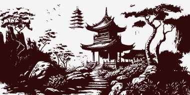 Vintage retro kabartma stili Çin yapımı Japonya Kore Asya tapınağı kulesi. Ağaçlı, doğa manzaralı. Arka plan macerası titreşimi. Grafik Sanatı Vektörü İllüstrasyonu.