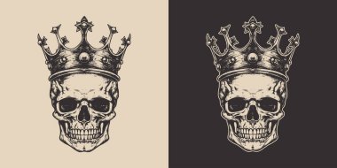 Set of vintage retro scary hipster cawboy skull in with king crown. Can be used like emblem, logo, badge, label. mark, poster or print. Monochrome Graphic Art. Vector. Hand drawn element in engraving  gravure style.	