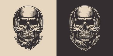 Set of vintage retro scary hipster skull. Can be used like emblem, logo, badge, label. mark, poster or print. Monochrome Graphic Art. Vector. Hand drawn element in engraving style.	
