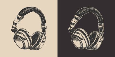 Eski model müzik seti, stüdyo kulaklığı. Amblem, logo, rozet, etiket gibi kullanılabilir. İşaret, poster ya da baskı. Monokrom Grafik Sanatı. Vektör. İşleme biçiminde el çizimi ögesi.