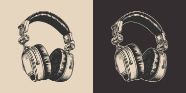 Eski model müzik seti, stüdyo kulaklığı. Amblem, logo, rozet, etiket gibi kullanılabilir. İşaret, poster ya da baskı. Monokrom Grafik Sanatı. Vektör. İşleme biçiminde el çizimi ögesi.