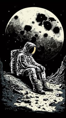 Retro Vintage oyma Woodcut Linocut tarzı uzay dublörü Ay yüzeyinde oturuyor. Yalnız macera gelecekteki heyecanı keşfeder. Dekorasyon ya da grafik tasarım için kullanılabilir. Grafik Sanatı Vektörü