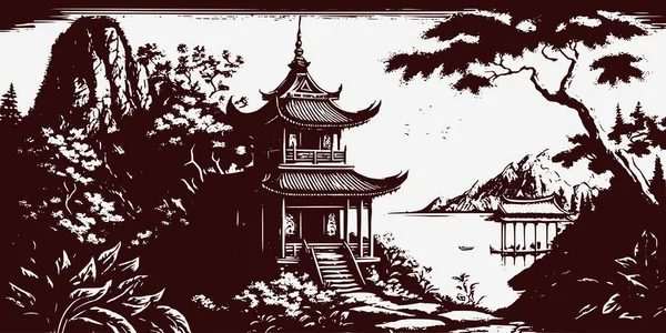 Vintage Retro Engraving Style Chinese Korean Asian Temple Tower Tree — 스톡 벡터