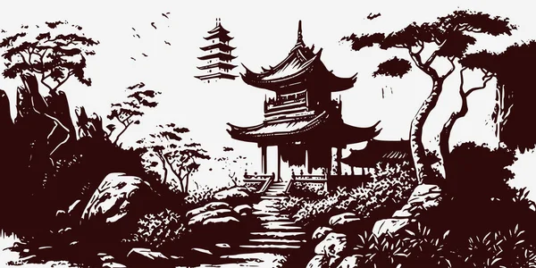 ヴィンテージレトロ彫刻スタイル中国日本木の自然野生の風景と韓国の寺院の塔 背景アウトドアアドベンチャーの雰囲気 グラフィックアートベクトルイラスト — ストックベクタ
