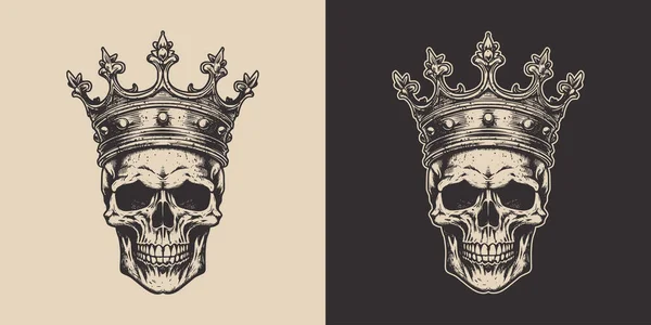 Set Vintage Retro Scary Hipster Cawboy Skull King Crown Can — Stockvektor