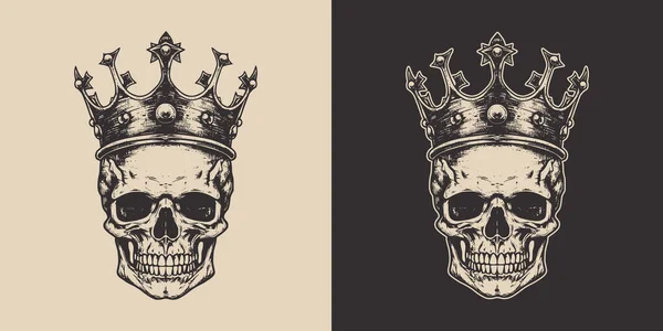 Set Vintage Retro Scary Hipster Cawboy Skull King Crown Can — Stockvektor