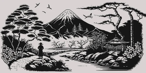 Vintage Estilo Grabado Retro Japón Montaña Juji Asiática Con Árboles — Vector de stock