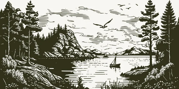 Vintage Style Gravure Rétro Scandinave Aventure Paysage Scène Extérieure Voyage — Image vectorielle