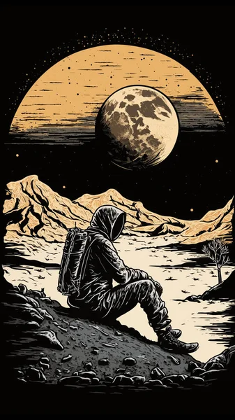 复古雕刻木刻林库特风格的太空奇才坐在月球表面 孤独的冒险探索未来的感觉 可用于装饰或平面设计 图形艺术矢量 — 图库矢量图片