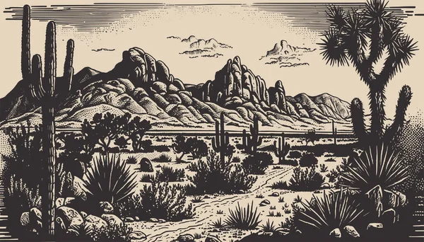 得克萨斯州山地沙漠背景景观雕刻凹版风格 西部野生探险探索鼓舞人心的氛围 图形艺术 素描画出的矢量图解 — 图库矢量图片