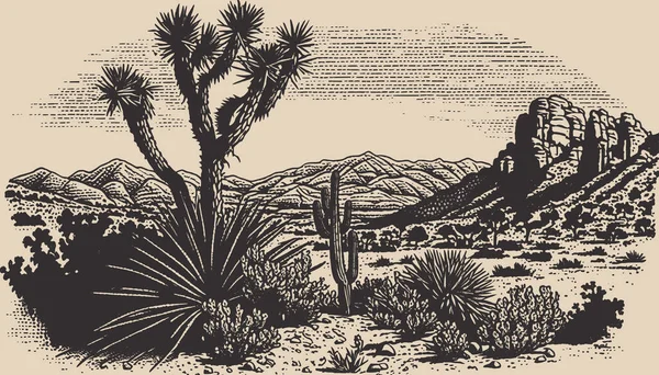 山の砂漠テキサス州の背景の風景の彫刻のグラビアスタイル 西部の野生の冒険は刺激的な雰囲気を探索します グラフィックアート スケッチ ベクトルイラスト — ストックベクタ