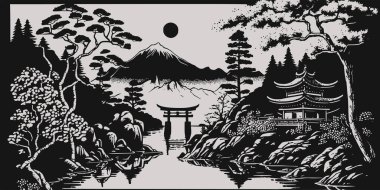 Vintage retro kabartma stili Japonya Asya juji dağı, ağaçlarla dolu doğa manzarası. Arka plan macerası titreşimi. Grafik Sanatı Vektörü İllüstrasyonu.