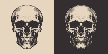 Eski tip korkutucu hippi kafatası seti. Amblem, logo, rozet, etiket gibi kullanılabilir. İşaret, poster ya da baskı. Monokrom Grafik Sanatı. Vektör. Oymacılıkta el çizimi ögesi