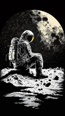 Retro Vintage oyma Woodcut Linocut tarzı uzay dublörü Ay yüzeyinde oturuyor. Yalnız macera gelecekteki heyecanı keşfeder. Dekorasyon ya da grafik tasarım için kullanılabilir. Grafik Sanatı Vektörü