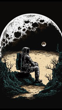 Retro Vintage oyma Woodcut Linocut tarzı uzay dublörü Ay yüzeyinde oturuyor. Yalnız macera gelecekteki heyecanı keşfeder. Dekorasyon ya da grafik tasarım için kullanılabilir. Grafik Sanatı Vektörü