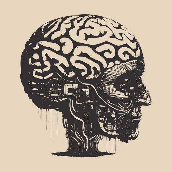 Gravyr Vintage Retro Illustration Framtida Utbildningssystem Artificiell Intelligens Hjärna Sinne — Stock vektor