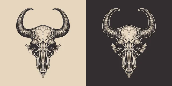 ヴィンテージレトロ恐ろしい牛の牛の頭蓋骨の頭の骨格のセット カウボーイ インディアン エンブレム バッジのように使用できます モノクロームグラフィックアート ベクトル 彫刻風の手描き要素 — ストックベクタ