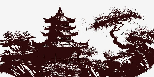 Vintage Estilo Gravura Retro Chinês Japão Coreano Templo Asiático Torre — Vetor de Stock