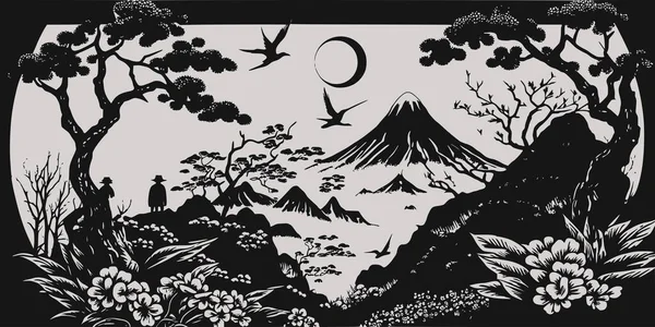 Vintage Retro Rytí Styl Japonsko Asijské Juji Hora Stromy Příroda — Stockový vektor