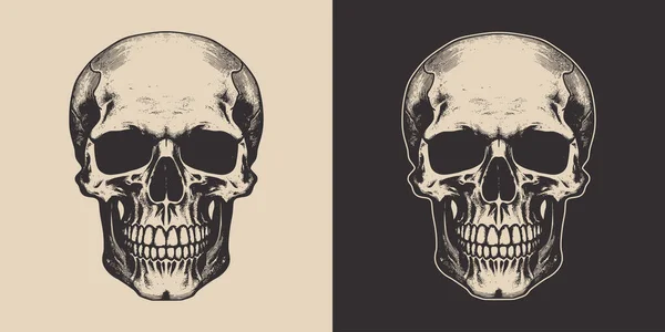 一套复古的吓人的嬉皮士头骨 可用作标志 标签等 海报或印刷品 单色图形艺术 手绘雕版元件 — 图库矢量图片