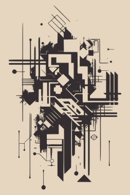 Soyut geometri mürekkebi olan antika monokrom dekoratif poster. Banksy stilinden esinlenilmiştir. Grafik Sanatı. Vektör