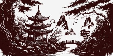 Vintage retro kabartma stili Çin yapımı Japonya Kore Asya tapınağı kulesi. Ağaçlı, doğa manzaralı. Arka plan macerası titreşimi. Grafik Sanatı Vektörü İllüstrasyonu.
