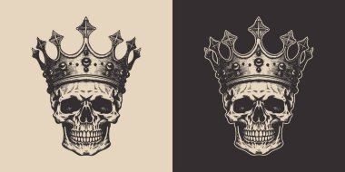 Set of vintage retro scary hipster cawboy skull in with king crown. Can be used like emblem, logo, badge, label. mark, poster or print. Monochrome Graphic Art. Vector. Hand drawn element in engraving  gravure style.	