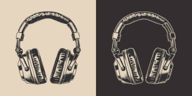 Eski model müzik seti, stüdyo kulaklığı. Amblem, logo, rozet, etiket gibi kullanılabilir. İşaret, poster ya da baskı. Monokrom Grafik Sanatı. Vektör. İşleme biçiminde el çizimi ögesi.