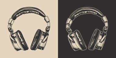Eski model müzik seti, stüdyo kulaklığı. Amblem, logo, rozet, etiket gibi kullanılabilir. İşaret, poster ya da baskı. Monokrom Grafik Sanatı. Vektör. İşleme biçiminde el çizimi ögesi.