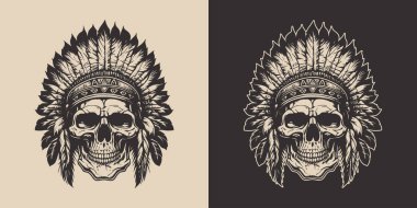 Set of vintage retro scary native american indian apache chief skull with feathers. Can be used like emblem, logo, badge, label. mark, poster or print. Monochrome Graphic Art. Vector. Hand drawn element in engraving style.	
