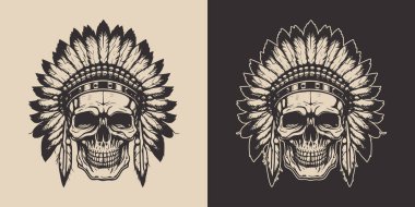 Set of vintage retro scary native american indian apache chief skull with feathers. Can be used like emblem, logo, badge, label. mark, poster or print. Monochrome Graphic Art. Vector. Hand drawn element in engraving style.	