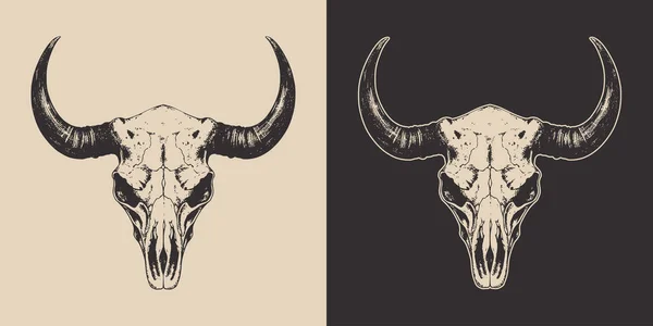 一套老旧的复古可怕的牛头骷髅 牛仔土著美国人 可用作标志 标签等 海报或印刷品 单色图形艺术 手绘雕版元素 — 图库矢量图片