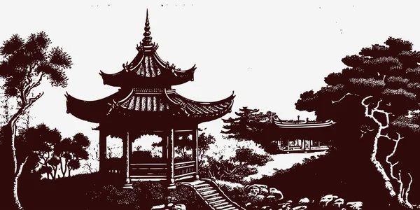 ヴィンテージレトロ彫刻スタイル中国日本木の自然野生の風景と韓国の寺院の塔 背景アウトドアアドベンチャーの雰囲気 グラフィックアートベクトルイラスト — ストックベクタ