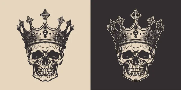 Set Vintage Retro Scary Hipster Cawboy Skull King Crown Can — Wektor stockowy