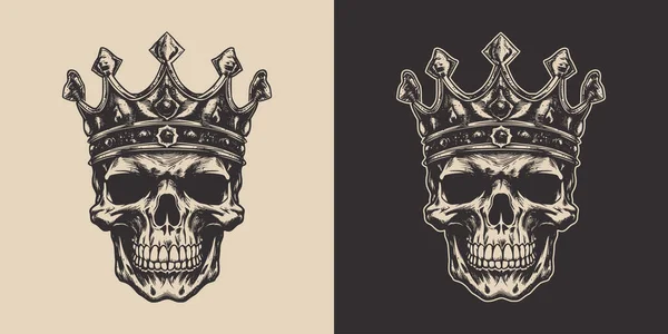 Set Vintage Retro Scary Hipster Cawboy Skull King Crown Can — Archivo Imágenes Vectoriales