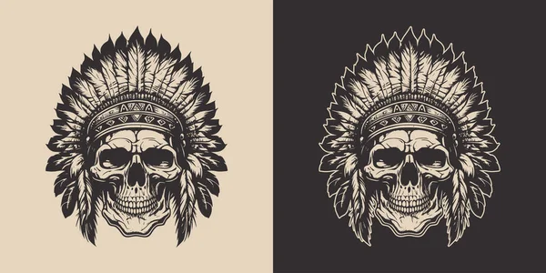 Set Vintage Retro Scary Native American Indian Apache Chief Skull — Stockvektor