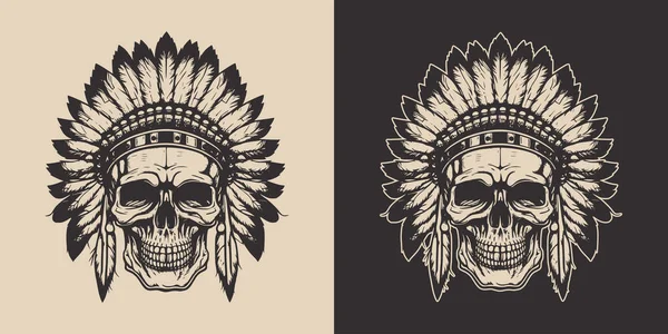 Set Vintage Retro Scary Native American Indian Apache Chief Skull — Stock Vector