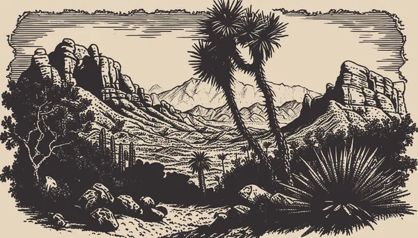 山砂漠テキサスの背景風景です 西部の野生の冒険は刺激的な雰囲気を探索します グラフィックアート 彫刻ベクトル — ストックベクタ