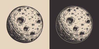 Set of vintage galaxy space planet moon. Can be used like emblem, logo, badge, label. mark, poster or print. Monochrome Graphic Art. Vector. Hand drawn element in engraving style.	