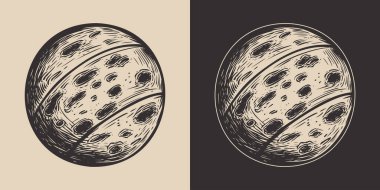 Set of vintage galaxy space planet moon. Can be used like emblem, logo, badge, label. mark, poster or print. Monochrome Graphic Art. Vector. Hand drawn element in engraving style.	