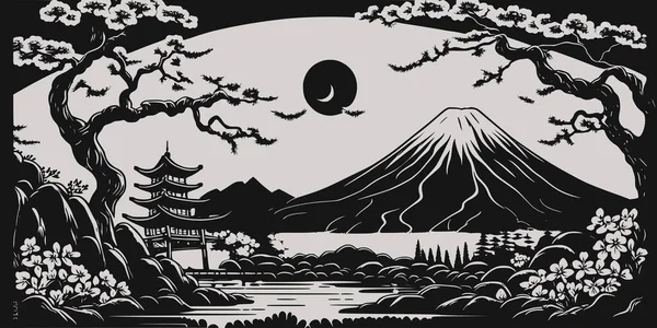Vintage Retro Rytí Styl Japonsko Asijské Juji Hora Stromy Příroda — Stockový vektor