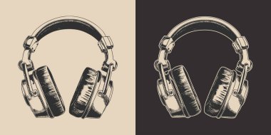 Eski model müzik seti, stüdyo kulaklığı. Amblem, logo, rozet, etiket gibi kullanılabilir. İşaret, poster ya da baskı. Monokrom Grafik Sanatı. Vektör. İşleme biçiminde el çizimi ögesi.