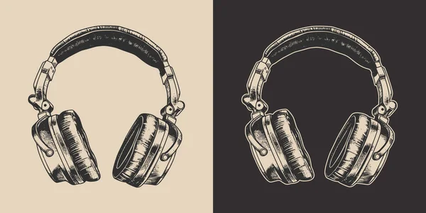 Набір Старовинних Ретро Гравірувальних Стерео Студійних Навушників Може Використовуватися Емблема — стоковий вектор